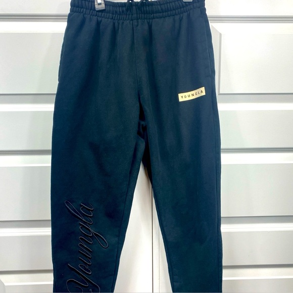 YoungLA Pants Black - Embroidered Logo Small Pockets Drawstring - Picture 1 of 9